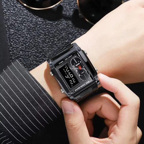 Vista 7 de FANMIS Relojes de pulsera deportivos con esfera rectangular para hombre con 7 colores opcionales retroiluminación LED multifuncional con alarma