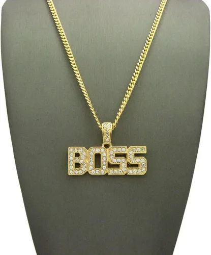 Vista 4 de COLGANTE HELODO BOSS PARA HOMBRES CON CAJA DE ORO CUBANO CADENA DE CUERDA HIP HOP COLLAR