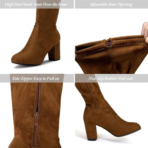 Vista 4 de Vepose Botas de gamuza 991 para mujer, por encima de la rodilla, veganas, 3.03 pulgadas, tacones gruesos, cremallera lateral, zapatos de apertura