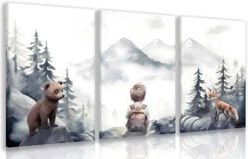 Vista 13 de Cyebmo Juego de 3 pinturas enmarcadas de animales del bosque, decoración de pared de animales salvajes del bosque, decoración de pared, pintura
