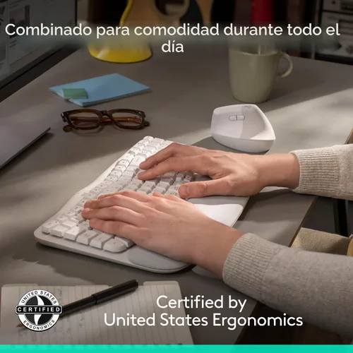 Vista 3 de Logitech Wave Keys & Lift Vertical Mouse - Combo de teclado y mouse inalámbrico ergonómico - con reposo de palma acolchado, Easy-Switch, Bluetooth