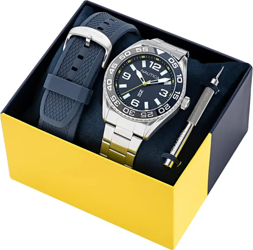 Vista 4 de Nautica N83 NAPFWS308 Finn World - Pulsera de acero inoxidable para hombre y correa de fibra sintética de trigo azul, Tono plateadoazulSST y azul