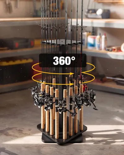 Vista 3 de Ghosthorn Soportes para cañas de pescar para garaje, soporte giratorio de 360 grados para cañas de pescar, soporte de pie de madera para guardar