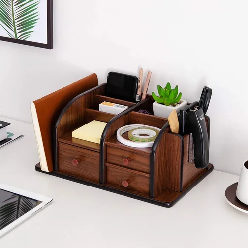 Vista 4 de Liry Products - Organizador de escritorio de madera marrón, múltiples compartimentos, 3 cajones, ranuras, 2 estantes, soporte para suministros