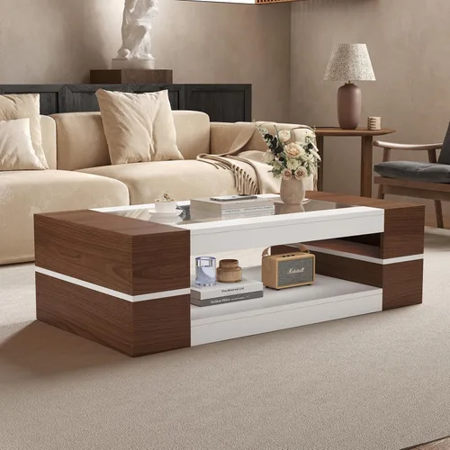 Vista 8 de HedoAjim Mesa de centro moderna y elegante de 47.2 pulgadas con parte superior de cristal, mesa grande para sala de estar, mesas centrales