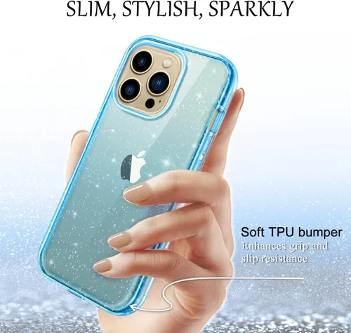 Vista 3 de LONTECT Funda para iPhone 13 Pro con protector de pantalla integrado con purpurina transparente, brillante, resistente, a prueba de golpes, híbrida