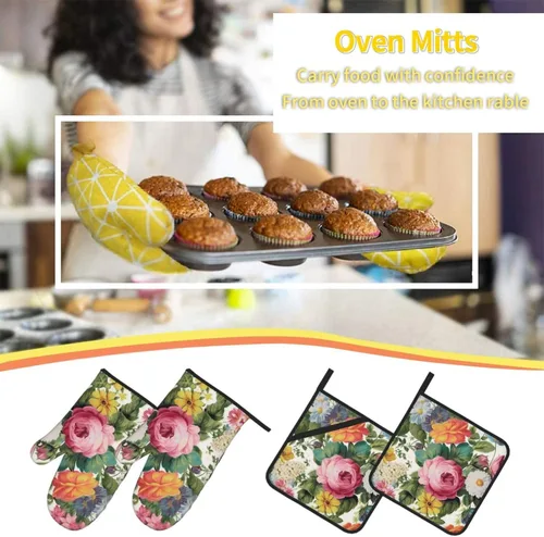Vista 6 de Juego de guantes de horno y soportes para ollas con estampado floral de jardín, resistentes al calor, antideslizantes, guantes de cocina, 4