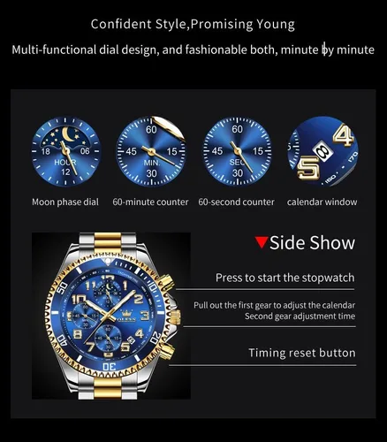Vista 6 de OLEVS Reloj cronógrafo para hombre, vestido de lujo, acero inoxidable, impermeable, para hombre, fase lunar, calendario luminoso, de negocios