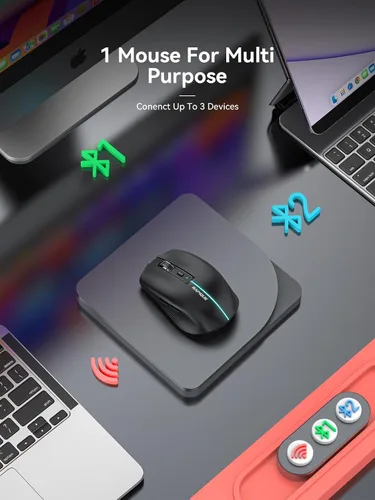 Vista 3 de RAPIQUE Ratón Inalámbrico Bluetooth - (BT1/BT2+USB) Tri-Modo de Alto Rendimiento, Recargable, Clic Silencioso, Compatibilidad Multi-Dispositivo