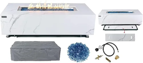 Vista 86 de Elementi+ Mesa de Fuego de Gas Colorado de Hormigón Fundido de 56" Rectangular, Hoguera al Aire Libre con Ignición Electrónica Incluye Cubierta