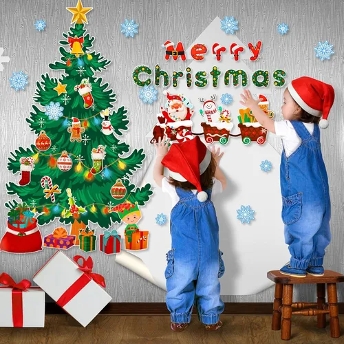 Vista 2 de Konsait Decoración de tablero de anuncios de árbol de Navidad, 56 unidades, cajas de regalo de copos de nieve de Papá Noel, recortes de Navidad