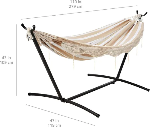 Vista 5 de Amazon Basics Hamaca doble con soporte de acero de 9 pies que ahorra espacio y funda de transporte, 2 personas, capacidad de 450 libras, rayas beige
