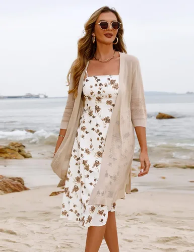 Vista 2 de iClosam Cárdigan ligero de manga 34 para mujer cárdigan de punto con frente abierto suelto color liso traje de baño