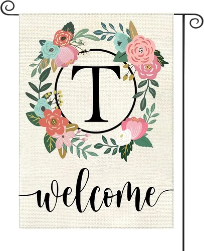 Vista 23 de Bandera de jardín con letra monograma, floral, 12 x 18 pulgadas, doble cara para exterior, pequeña de arpillera, familia, apellido, bandera inicial