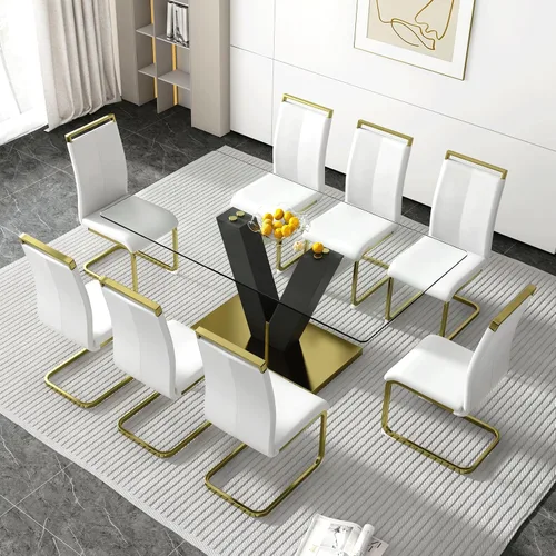 Vista 17 de gopop Juego de mesa de comedor moderna para 6, 7 piezas, mesa de comedor de mármol, mesa de cocina rectangular de 71 pulgadas con 6 sillas tapizadas