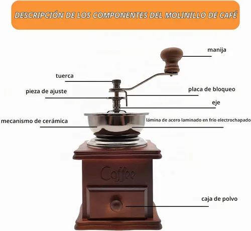 Vista 3 de Molinillo de café hecho a mano de madera de estilo retro, manivela de cerámica, cepillo de limpieza de molinillo de café hecho a mano, cuchara
