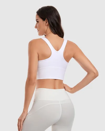 Vista 3 de Brasier deportivo fruncido con cuello en V para mujer, espalda cruzada, acolchado, para yoga, ropa deportiva que absorbe la humedad, corte bajo