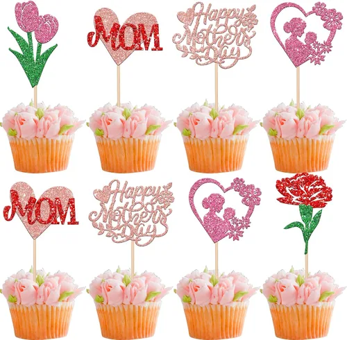 Vista 12 de Rsstarxi 1 paquete de decoración para pastel con flores de purpurina con doble corazón Love Mom Best Mom Best Mom Cake Pick Decoraciones para feliz