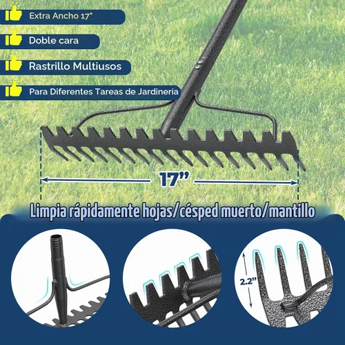 Vista 2 de Rastrillo de jardín, cabeza extra ancha de doble cara de 17 pulgadas, rastrillo de hojas de acero inoxidable resistente y ligero de 63 pulgadas