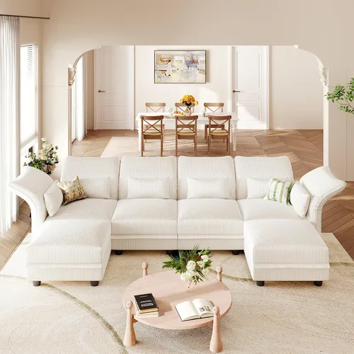 Vista 22 de LLappuil - Sofá seccional en forma de L con almacenamiento, sofás seccionales modulares beige de pana para sala de estar con brazos y respaldos Pana