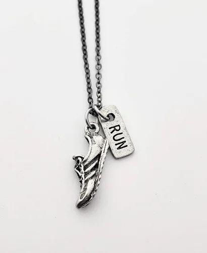 Vista 2 de Pewter RUN Necklace - Running Shoe Charm and Pewter RUN Charm on 18 inch Gunmetal Chain