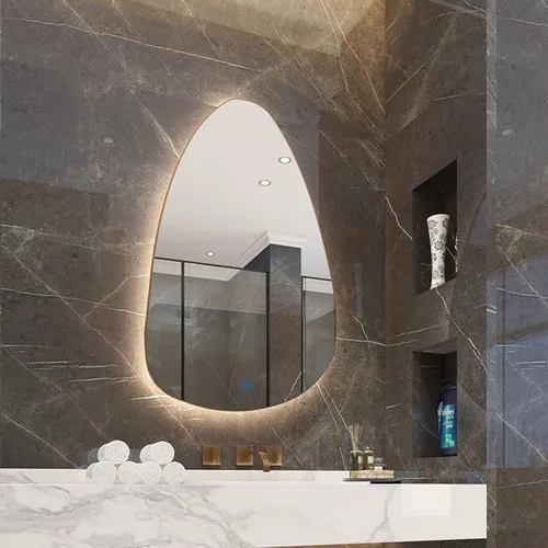 Vista 9 de Espejo de pared irregular sin marco con luz LED, espejo de baño retroiluminado con LED tricolor regulable, espejo de maquillaje asimétrico con gotas