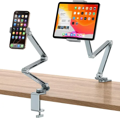 Vista 10 de OMOTON GH03 - Soporte para tablet con rotación de 360°, soporte de teléfono de brazo largo de aleación de aluminio GH03 con 2 abrazaderas de Negro