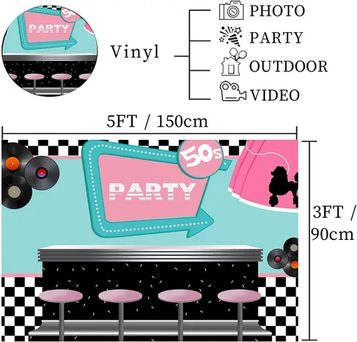 Vista 5 de 50's Soda Shop - Telón de fondo de vinilo para fiestas de regreso a los años 50, 5 x 3 pies con temática de los años 50, cartel para sesión de fotos