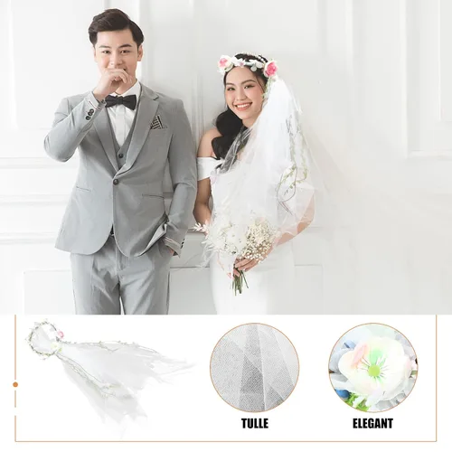 Vista 7 de Minkissy Diadema de velo de novia, diadema de velo blanco, corona de flores con cinta ajustable para mujer