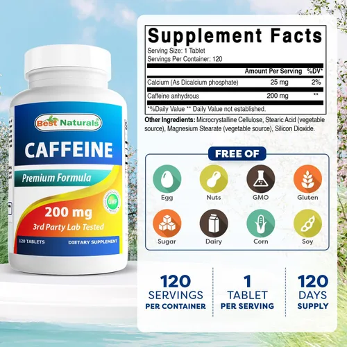 Vista 2 de Best Naturals Píldoras de cafeína de 200 mg, 120