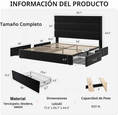 Vista 2 de SHA CERLIN Base de cama de plataforma de tamaño matrimonial con 4 cajones de almacenamiento, cabecera tapizada de terciopelo, base de colchón
