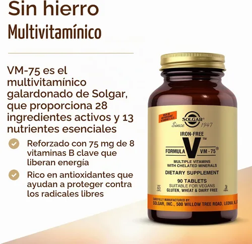 Vista 3 de Solgar Fórmula sin hierro VM-75, 90 tabletas – Multivitamínico con minerales quelados – Vitamina A, B6, B12, C, D, E – Biotina, magnesio, calcio