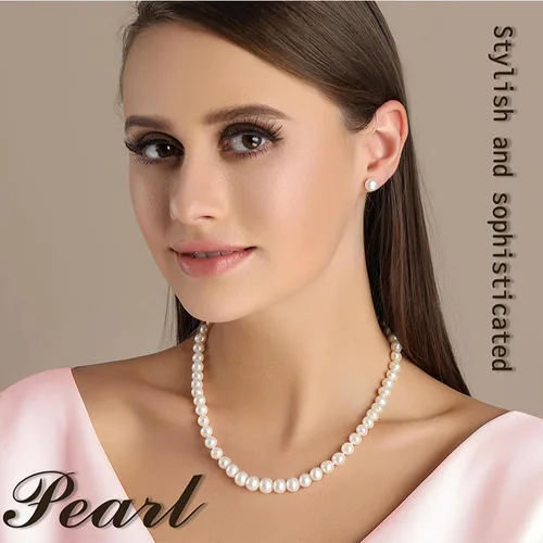 Vista 2 de Juego de collar y aretes de perlas, collar de perlas reales, conjuntos de joyas para mujer 18 a 19 pulgadas AAAACollar de perlas de agua dulce
