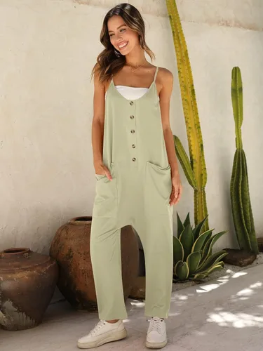 Vista 2 de DEEP SELF Overol sin mangas de verano para mujer, con tirantes delgados, botones, pantalones largos con bolsillos