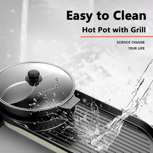 Vista 11 de Olla Caliente con Parrilla, Olla Caliente Eléctrica 2 en 1 Shabu Shabu Olla Caliente Barbacoa Coreana, Olla Caliente Desmontable 1200W / Bandeja