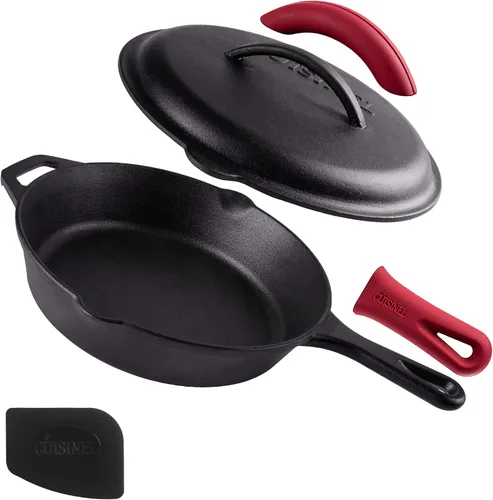 Vista 9 de Cuisinel Sartén de hierro fundido con tapa, juego de sartén cubierta pre-sazonada de 8 pulgadas + mango de silicona y soportes de tapa +
