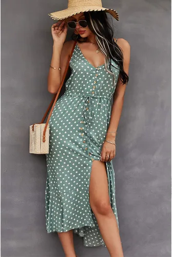 Vista 2 de BROVAVE - Vestido de verano 2023 para mujer, diseño informal, bohemio, con lunares, tirantes delgados, cuello en V, holgado y de largo por debajo
