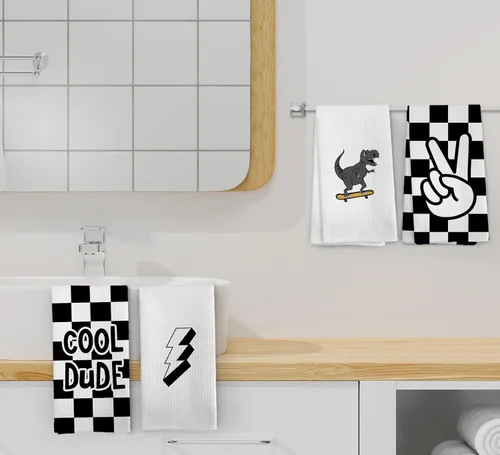 Vista 5 de Juego de 4 toallas de mano a cuadros modernos para niños, decoración de baño para niños, regalos de Dinasours, paños de cocina para cocina, paño