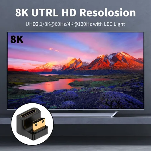 Vista 7 de Duttek Adaptador Mini HDMI de 180 grados 8K @60Hz, 48Gbps, en forma de U, adaptador extensor en ángulo mini HDMI en ángulo macho a hembra, luz LED