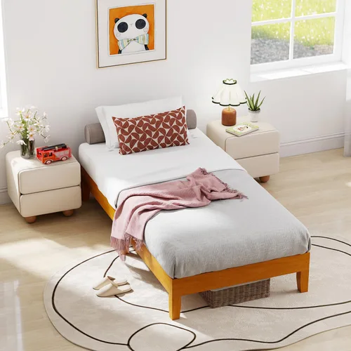 Vista 3 de BLKMTY Marco de cama de madera, cama de tamaño individual, sin plataforma de cabecero, con espacio de almacenamiento inferior, fácil montaje,