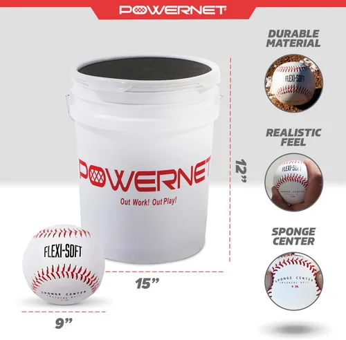 Vista 3 de PowerNet Baseball Bundle, Padded Bucket with 24 Practice Baseballs or Flexi-Soft Training Balls, Portable Pitching & Batting Practice Equipment