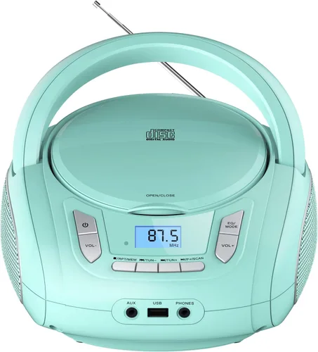 Vista 11 de Reproductor de radio portátil CD Boombox con Bluetooth, radio FM, reproducción de MP3 por USB, entrada AUX, conector para auriculares, compatible