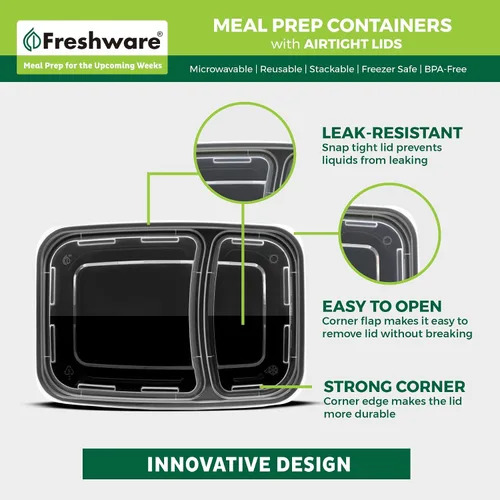 Vista 5 de Freshware Contenedores de preparación de comidas [paquete de 50] 2 compartimentos con tapas, contenedores de almacenamiento de alimentos, caja
