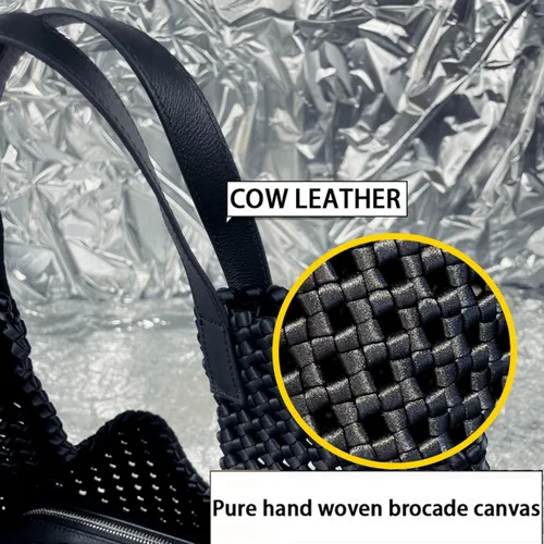Vista 7 de JINMANXUE Bolso de mano tejido de satén de cuero para mujer, bolso hueco hacia fuera, 2 piezas, bolso de hombro femenino, bolso de comprador, bolso