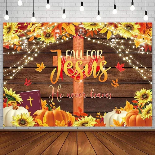 Vista 8 de AIBIIN Fondo de otoño de 7 x 5 pies, decoración de fiesta de Acción de Gracias, religión cristiana, fondo de poliéster, pancarta de calabaza