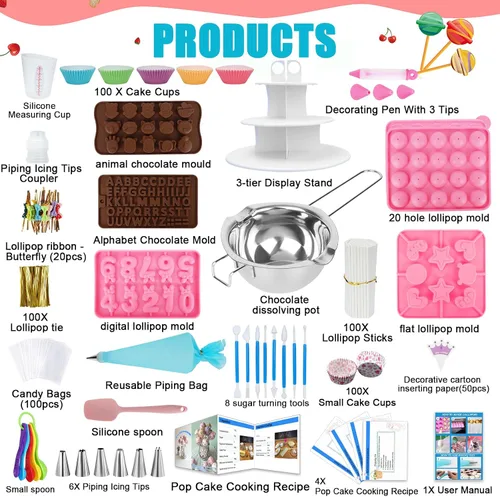 Vista 7 de Kit de 618 piezas para hacer pasteles con 5 juegos de moldes de silicona, soporte de exhibición de 3 niveles, olla para derretir dulces