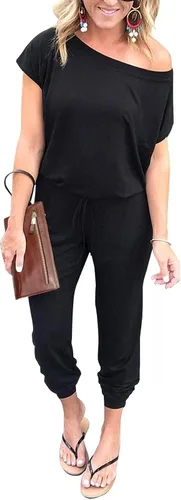Vista 7 de PRETTYGARDEN - Enterizo holgado para mujer, unicolor, elástico, largo, con hombro descubierto y cintura elástica