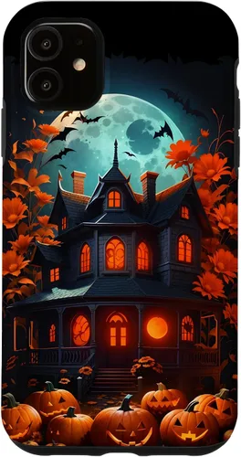 Vista 8 de iPhone 16 Halloween Spooky Haunted House Bats & Carved Pumpkins Case