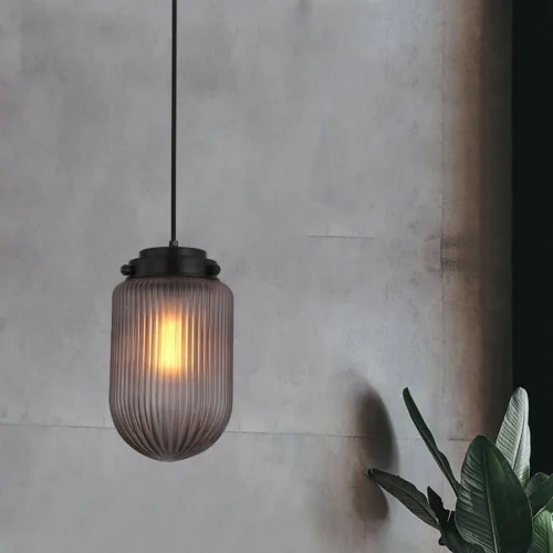 Vista 5 de 2 Pack Modern Smoke Gray Pendant Lights, Nordic Cylindrical Striped Glass Shade Ceiling Hanging Lighting, Adjustable Height E27/E26 Sockets
