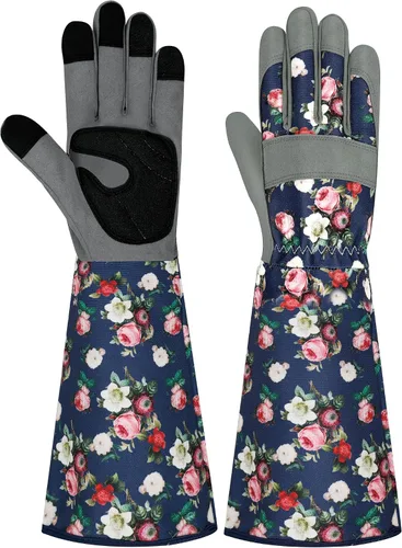 Vista 23 de Guantes largos de jardinería para mujer, guantes de cuero a prueba de espinas, guantes de trabajo transpirables para mujeres, patio, exteriores